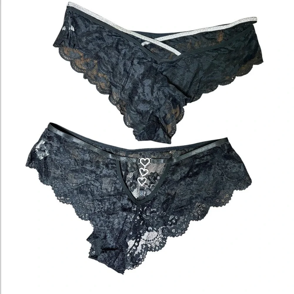 Lace Panty Set Womens 3XL Black NWOT Rhinestone Heart Glitter Strappy‎